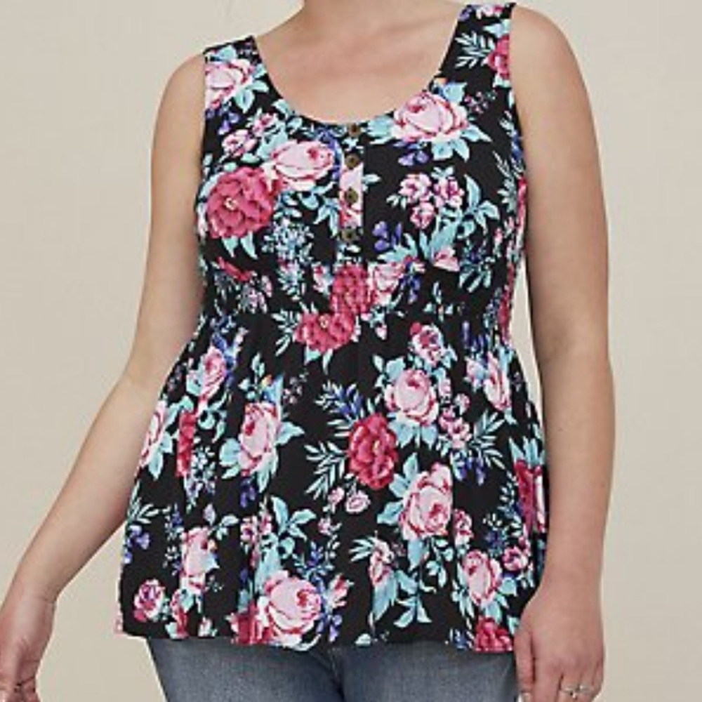 RAYON SLUB SMOCKED WAIST BUTTON-FRONT TANK